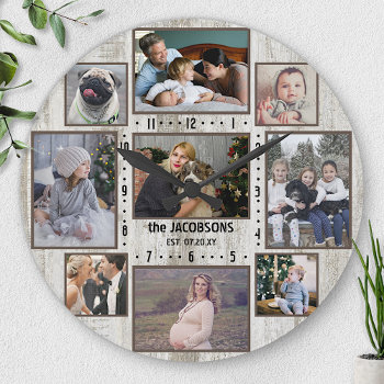 9 Family Photo Collage Farmhouse Wood Custom Name Large Clock by PictureCollage at Zazzle