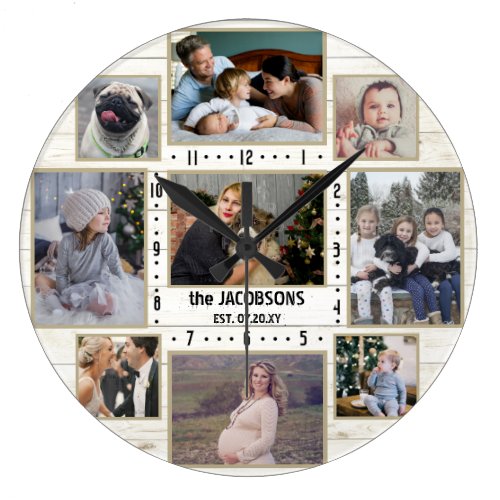 9 Family Photo Collage Name Light Farmhouse Wood Large Clock