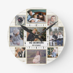 9 Family Photo Collage Name Light Farmhouse Wood Round Clock
