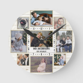 9 Family Photo Collage Name Light Farmhouse Wood Round Clock