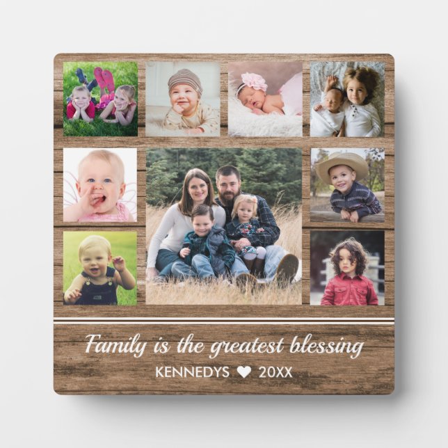 9 Family Photo Collage Quote Rustic Brown Wood Plaque (Front)