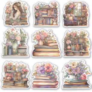 9 Floral Vintage Books pastel Watercolors stickers