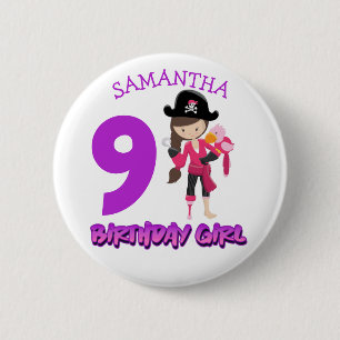 9 Girl Party Pirate Birthday Button