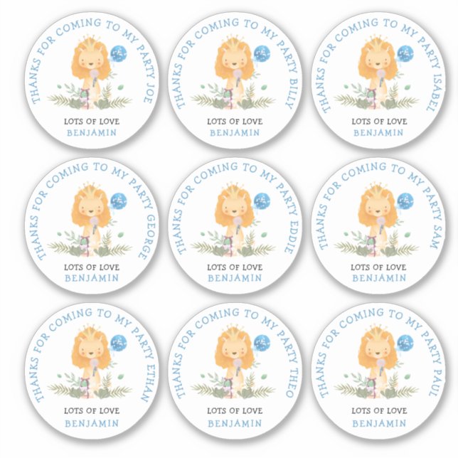 9 Individual Guest Names Blue Thank You Lion Sticker (Front)