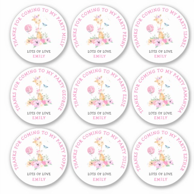 9 Individual Guest Names Kids Thank You Giraffe Sticker (Front)