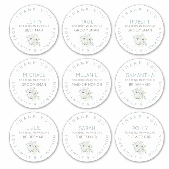 9 Individual Name Thank You Bridal Floral Large Sticker (Front)