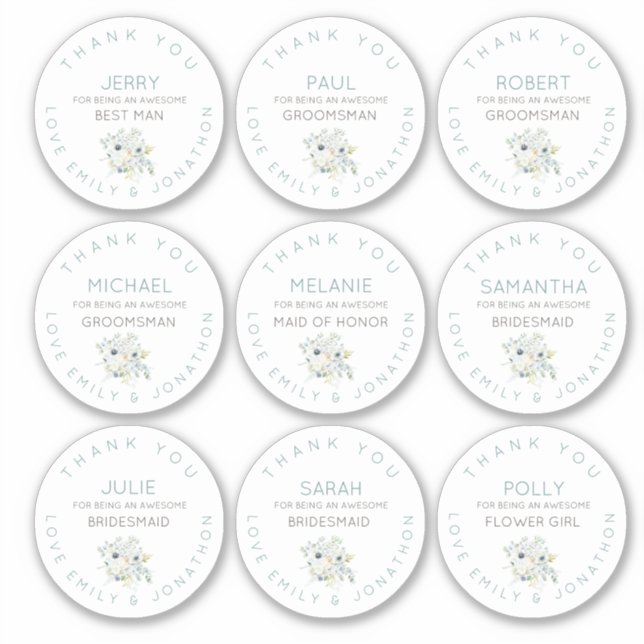 9 Individual Name Thank You Bridal Floral Small Sticker (Front)