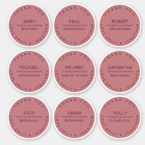 9 Individual Name Thank You Bridal Party Rose Pink Sticker
