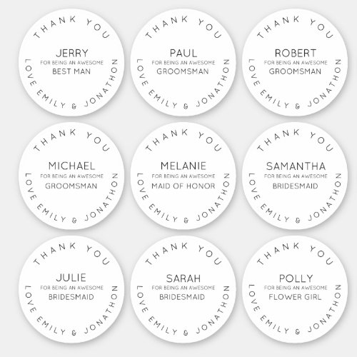 9 Individual Name Thank You Bridal Party White Sticker
