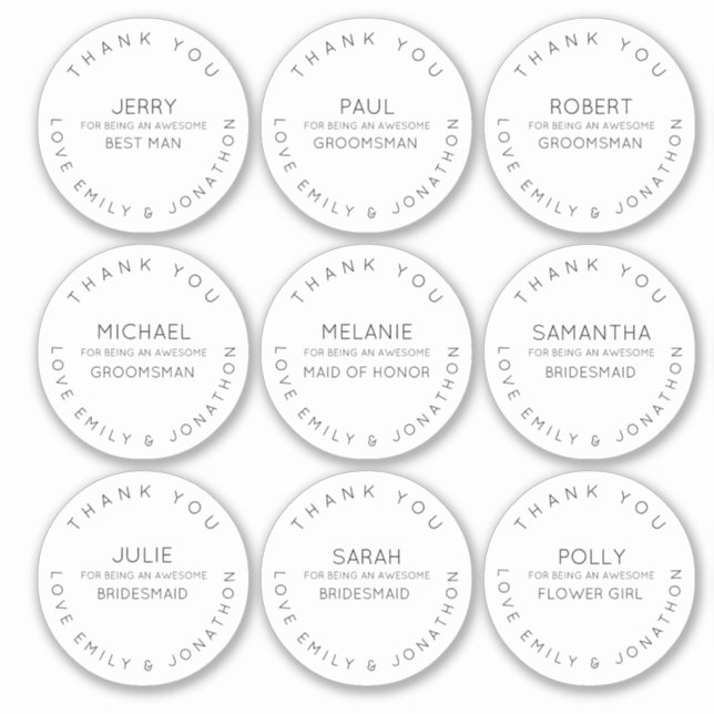 9 Individual Name Thank You Bridal Party White Sticker (Front)