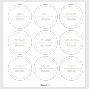 9 Individual Names Thank You Bridal Party Large Sticker