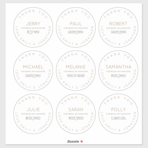 9 Individual Names Thank You Bridal Party Large Sticker