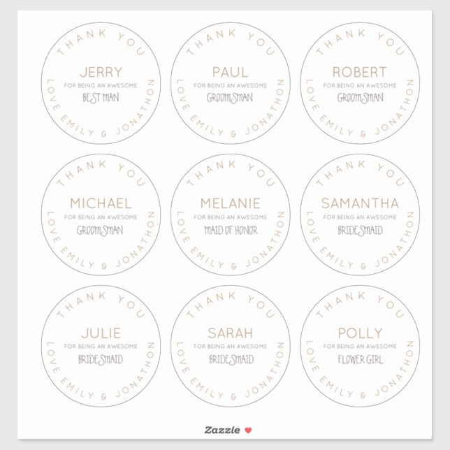 9 Individual Names Thank You Bridal Party Large Sticker (Sheet)