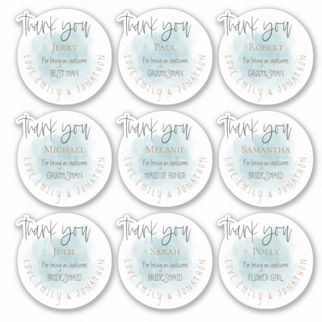 9 Individual Names Thank You Message Bridal Party Sticker (Front)