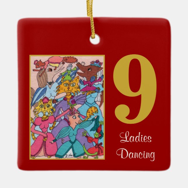 9 Ladies Dancing Cute Animals & Typography Ceramic Ornament (Front)