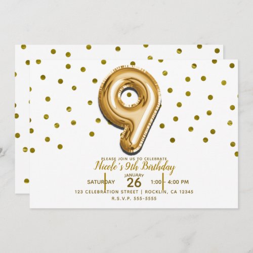 9 Nine Gold Balloon Confetti 9th Birthday Party Invitation