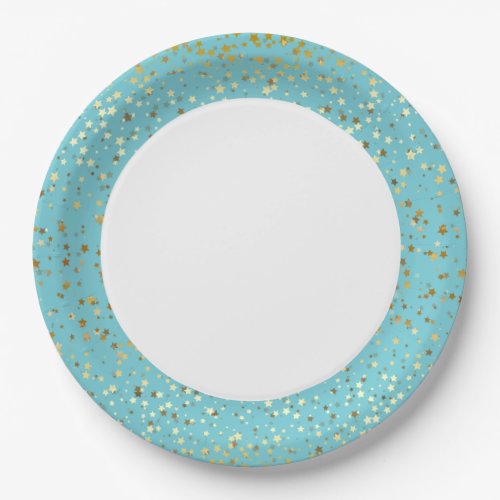 9 Paper Plates_Gold Petite Stars Turquoise Paper Plates