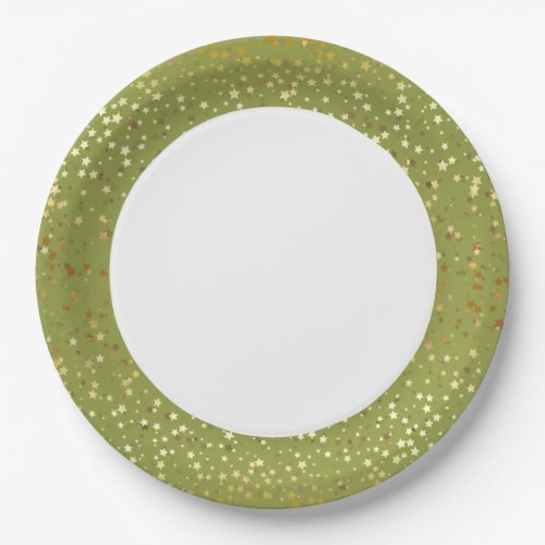 9 Paper Plates_Golden Stars Olive Green Paper Plates