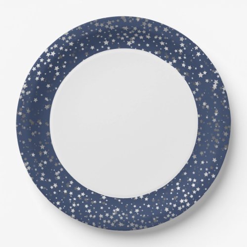 9 Paper Plates_Silver Stars Sapphire Blue Paper Plates