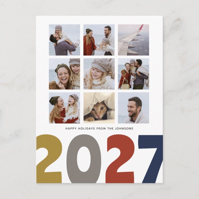 9 Photo 2027 Christmas Collage Modern Family Holiday Postcard (Front)