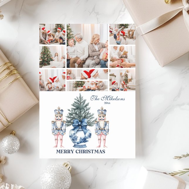 9 Photo Blue Chinoiserie Nutcracker Christmas Holiday Card (Creator Uploaded)