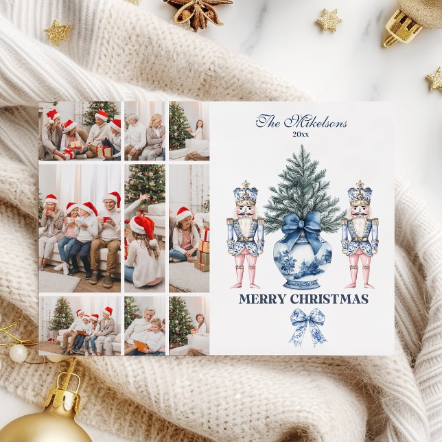 9 Photo Blue Chinoiserie Nutcracker Christmas Holiday Card (Creator Uploaded)