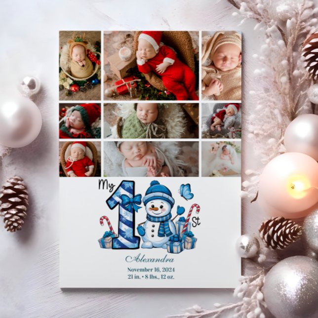 9 Photo Blue Snowman First Christmas Holiday Card (Creator Uploaded)