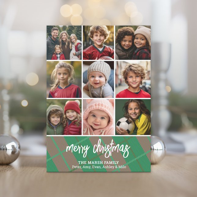 9 Photo Border - Merry Christmas Plaid Holiday Card (9 Photo with modern plaid accent)
