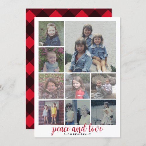 9 Photo Buffalo Plaid Christmas Red Peace and Love Holiday Card