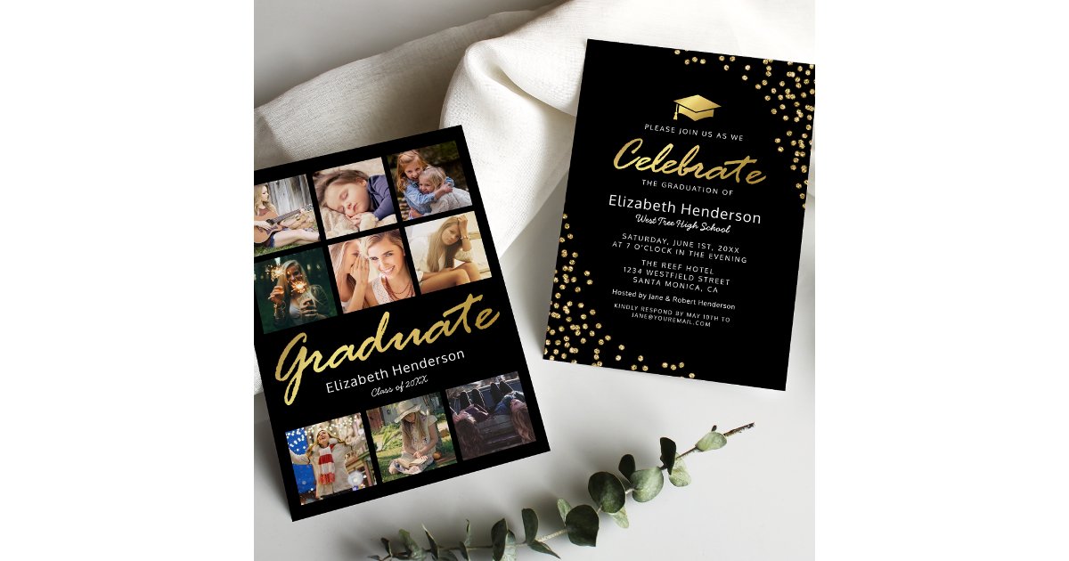 9 Photo Collage Black Gold Graduation Party Invitation | Zazzle