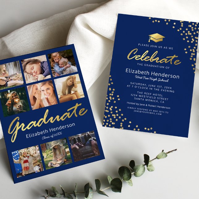 9 Photo Collage Blue Gold Graduation Party Invitation (Creator Uploaded)
