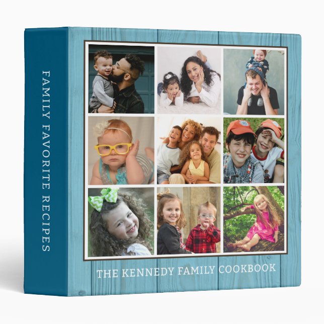 9 Photo Collage Blue Wood Family Recipe Cookbook 3 Ring Binder (Front/Spine)