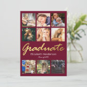 9 Photo Collage Burgundy Gold Graduation Party Invitation (Standing Front)