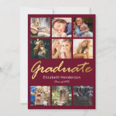 9 Photo Collage Burgundy Gold Graduation Party Invitation (Front)
