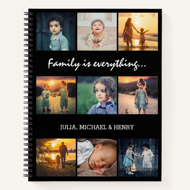 9 Photo Collage Custom Text Family is Everything Notebook (Front)