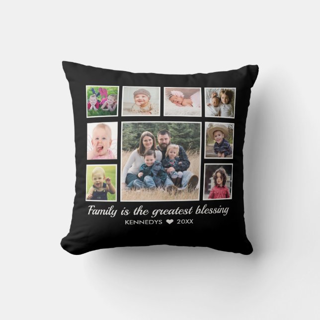 9 Photo Collage Family Quote  Monogram Name Throw Pillow (Front)
