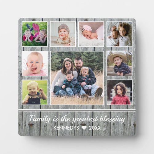 9 Photo Collage Family Quote Rustic Gray Wood Plaque