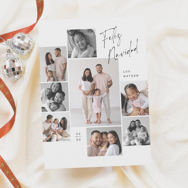 9 Photo Collage Feliz Navidad Spanish Christmas Holiday Card (Creator Uploaded)