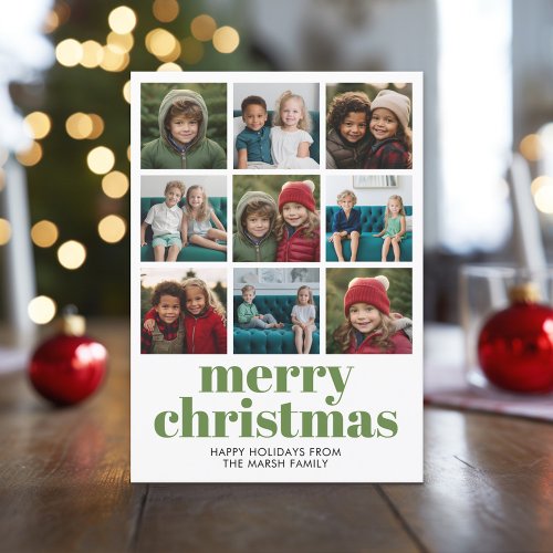 9 Photo Collage Merry Christmas green candy stripe Holiday Card