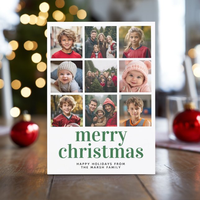9 Photo Collage Merry Christmas green red plaid Holiday Card (9 Photo Christmas Card with Plaid Background)