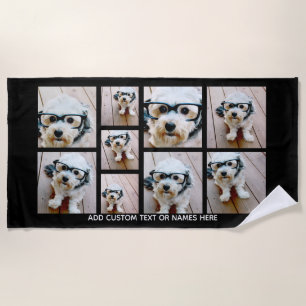 9 Photo Collage Minimalist - Black and White Grid Beach Towel