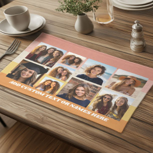 9 Photo Collage Minimalist - Gold Coral Stripes Cloth Placemat