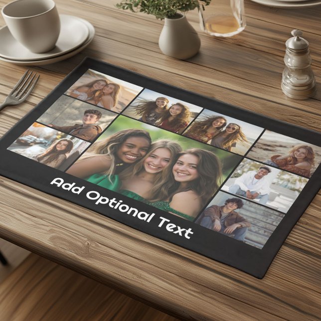 9 Photo Collage Optional Text -- Black White Cloth Placemat (Custom Cloth Placemat with Photo Collage)