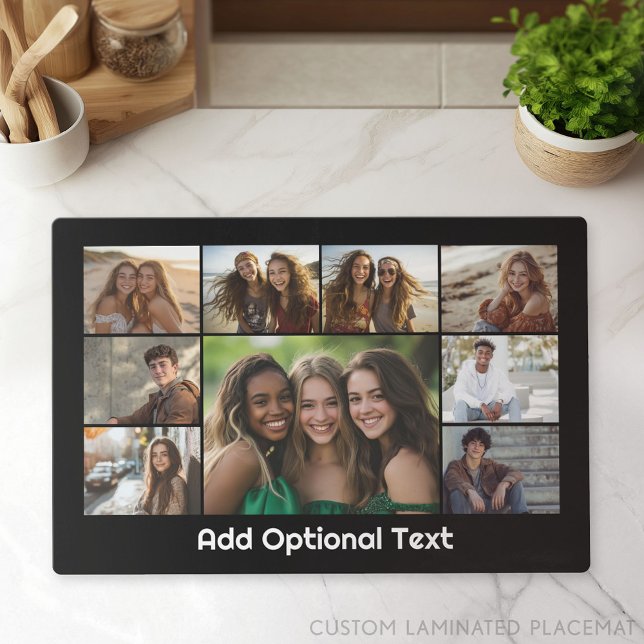 9 Photo Collage Optional Text -- Black White Placemat (Custom Photo Gallery on a Placemat)