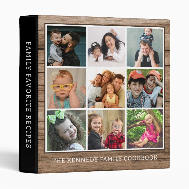 9 Photo Collage Rustic Wood Family Recipe Cookbook 3 Ring Binder (Front/Spine)