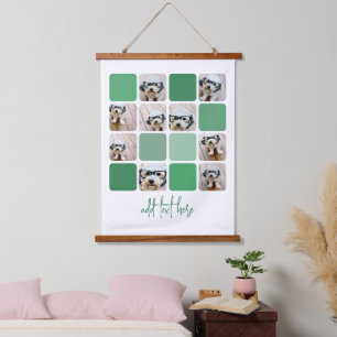 9 Photo Collage - Soft Green Colors - Script Text Hanging Tapestry
