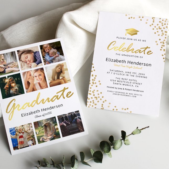 9 Photo Collage White Gold Graduation Party Invitation (Creator Uploaded)