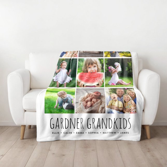 9 Photo Collage with Custom Grandkids Names | Gray Fleece Blanket (Creator Uploaded)