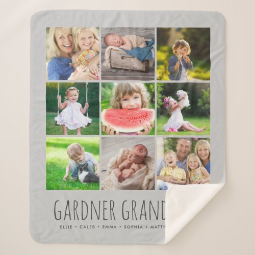 9 Photo Collage with Custom Grandkids Names  Gray Sherpa Blanket