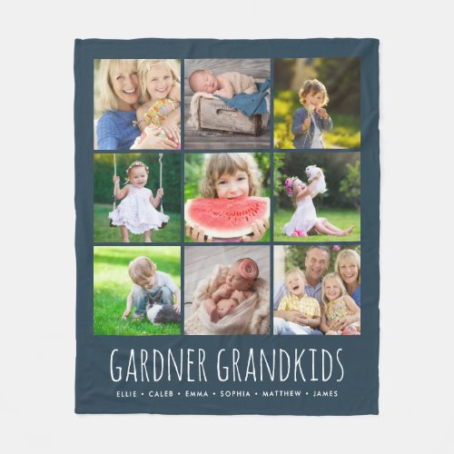 9 Photo Collage with Custom Grandkids Names  Navy Fleece Blanket